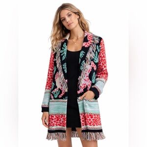 Essitam – Belted Knit Sweater Wrap Cardigan Fringe – Multicolor Pattern – Sz. S